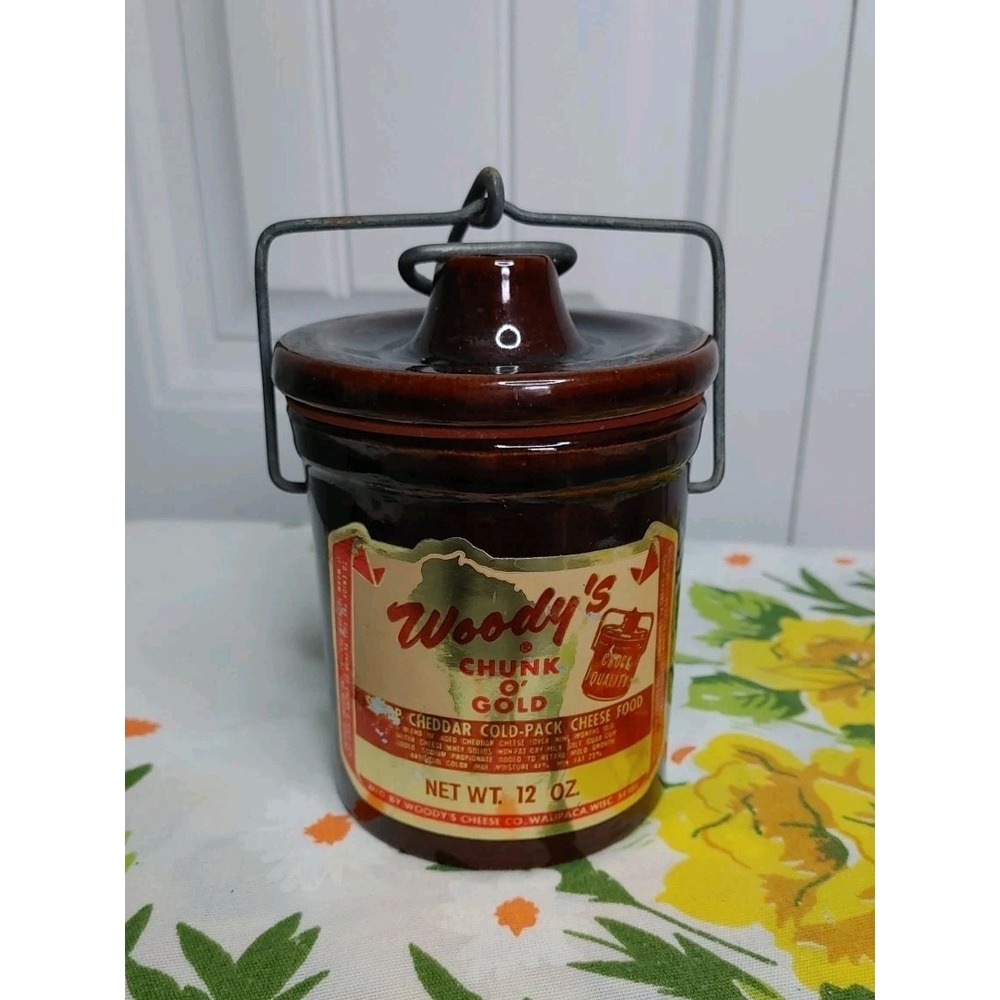 Vtg Brown Glaze Cheese Butter Crock Jar Locking Wire Bail Lid Woodys Chunk Gold